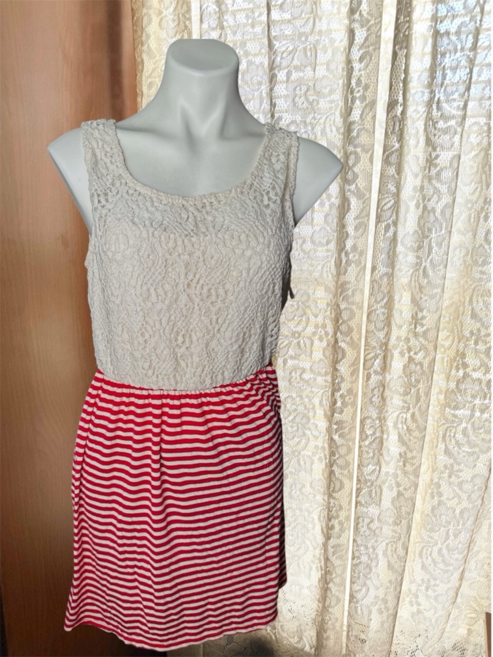 Red and Cream Lace Top Striped Dress